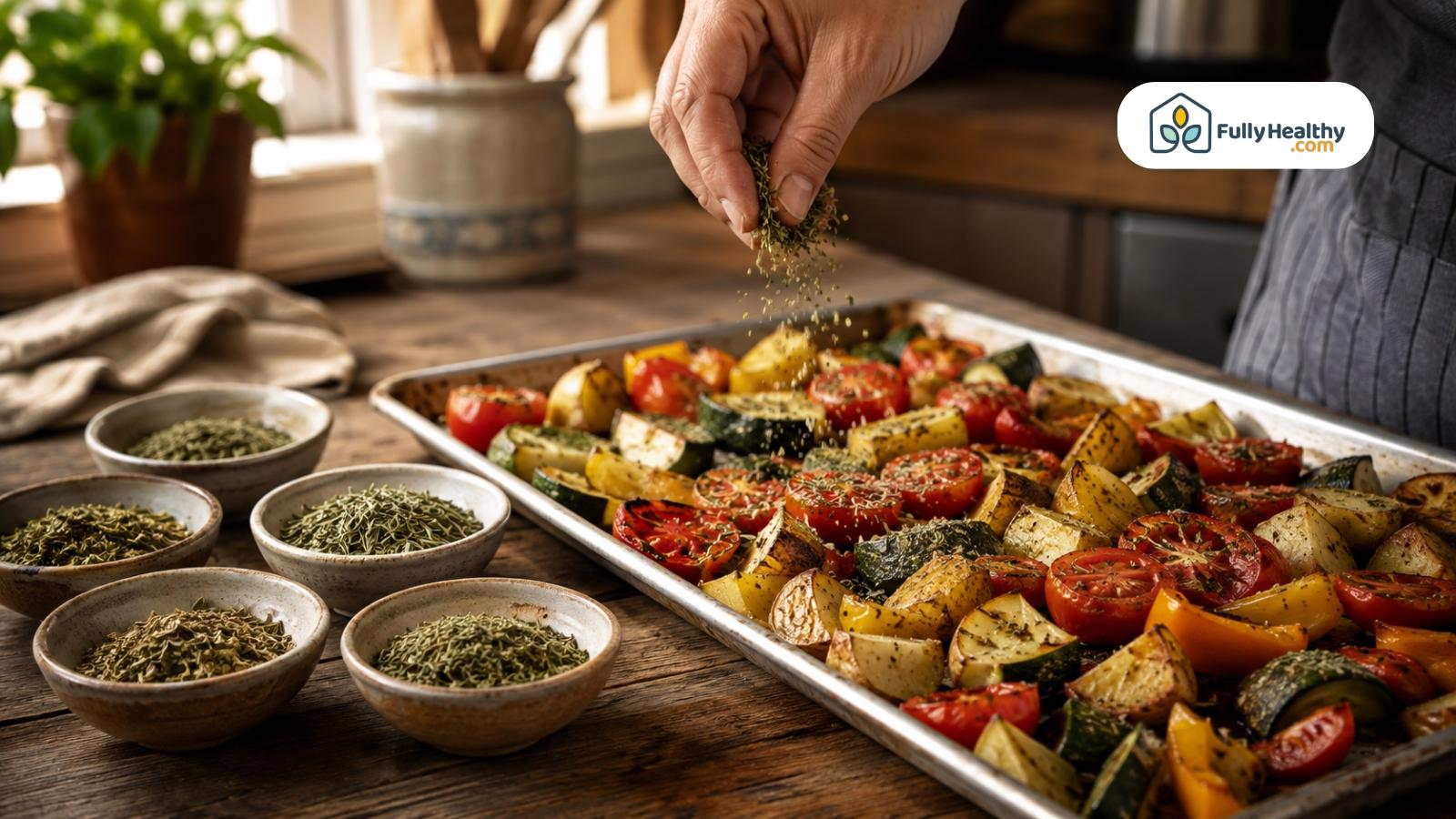 Hand sprinkling dried Italian herbs over roasted vegetables on a baking tray