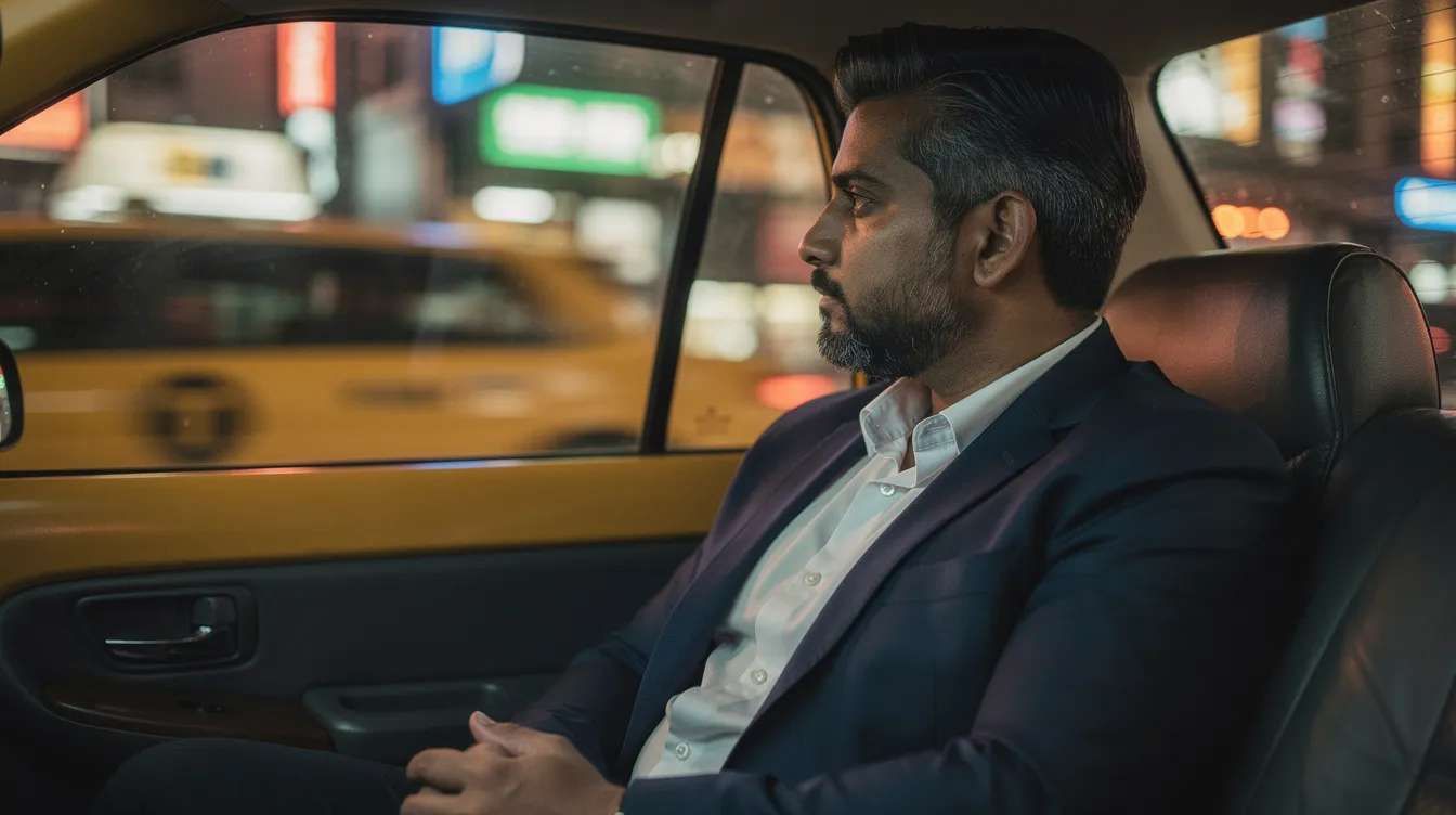 A candid documentary photograph captures a handsome South Asian man in his mid-30s sitting in the back of a yellow taxi in New York City at night, gazing contemplatively out the window. The warm glow of passing storefronts and neon lights gently illuminates his refined features, as he reflects on the emotional journey of navigating life transitions and support groups, feeling a sense of connection yet still outside of it all.