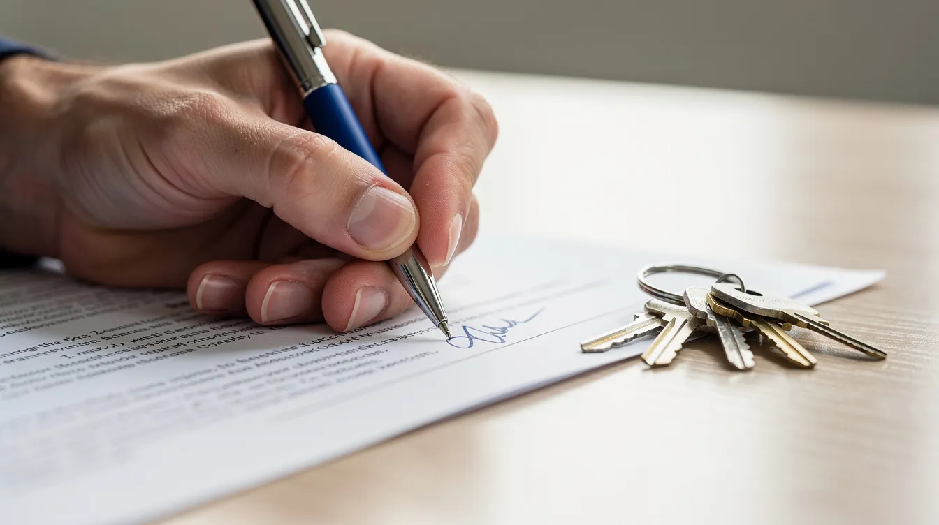 Eine Nahaufnahme zeigt eine Hand, die einen Kugelschreiber hält und ein Dokument auf einem Schreibtisch unterschreibt, während daneben ein Schlüsselbund liegt. Diese Szene könnte im Kontext eines Immobilienkaufs stehen, bei dem der Käufer einen Kaufvertrag unterzeichnet und sich mit Themen wie der Grunderwerbsteuer auseinandersetzt.
