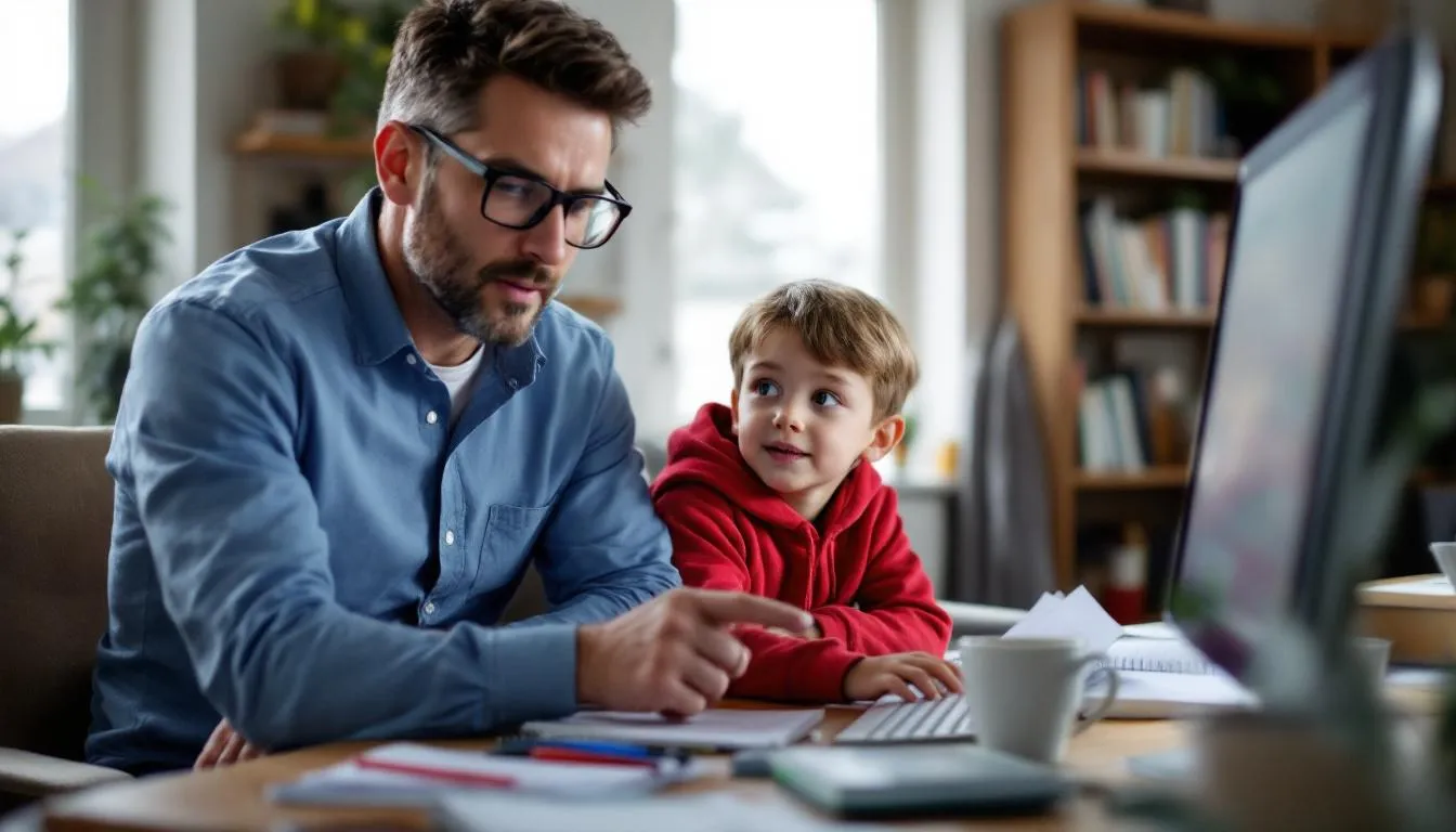 Un padre y su hijo están sentados frente a un ordenador, interactuando juntos mientras aprenden italiano a través de una aplicación en línea. La escena refleja un momento de conexión familiar y el uso de recursos digitales para el estudio de idiomas.