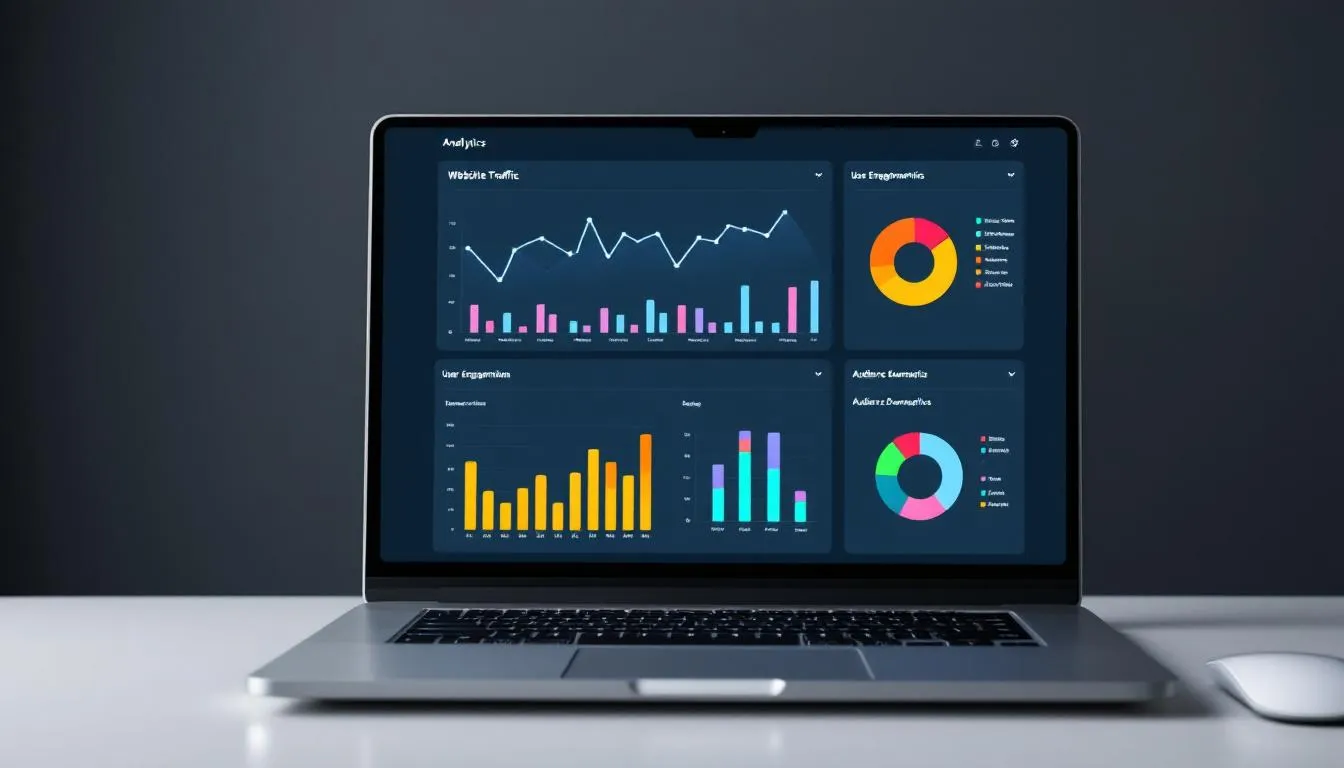 The image depicts an analytics dashboard displayed on a computer screen, featuring various colorful charts and graphs that represent key performance indicators related to search engine optimization. This dashboard could be used by SEO consultants in Los Angeles to track the effectiveness of their SEO strategies and improve organic traffic for their clients.