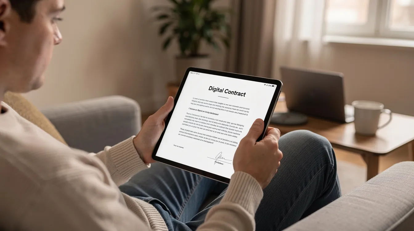 The image shows a person sitting comfortably at home, focused on reviewing a digital contract displayed on a tablet device. The setting suggests a casual yet professional atmosphere, likely related to financial matters such as a 公務員 貸款 or other low-interest loan options.