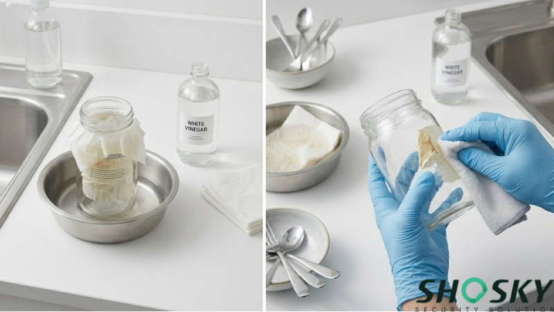 Using white vinegar and a paper towel to clean glass surfaces