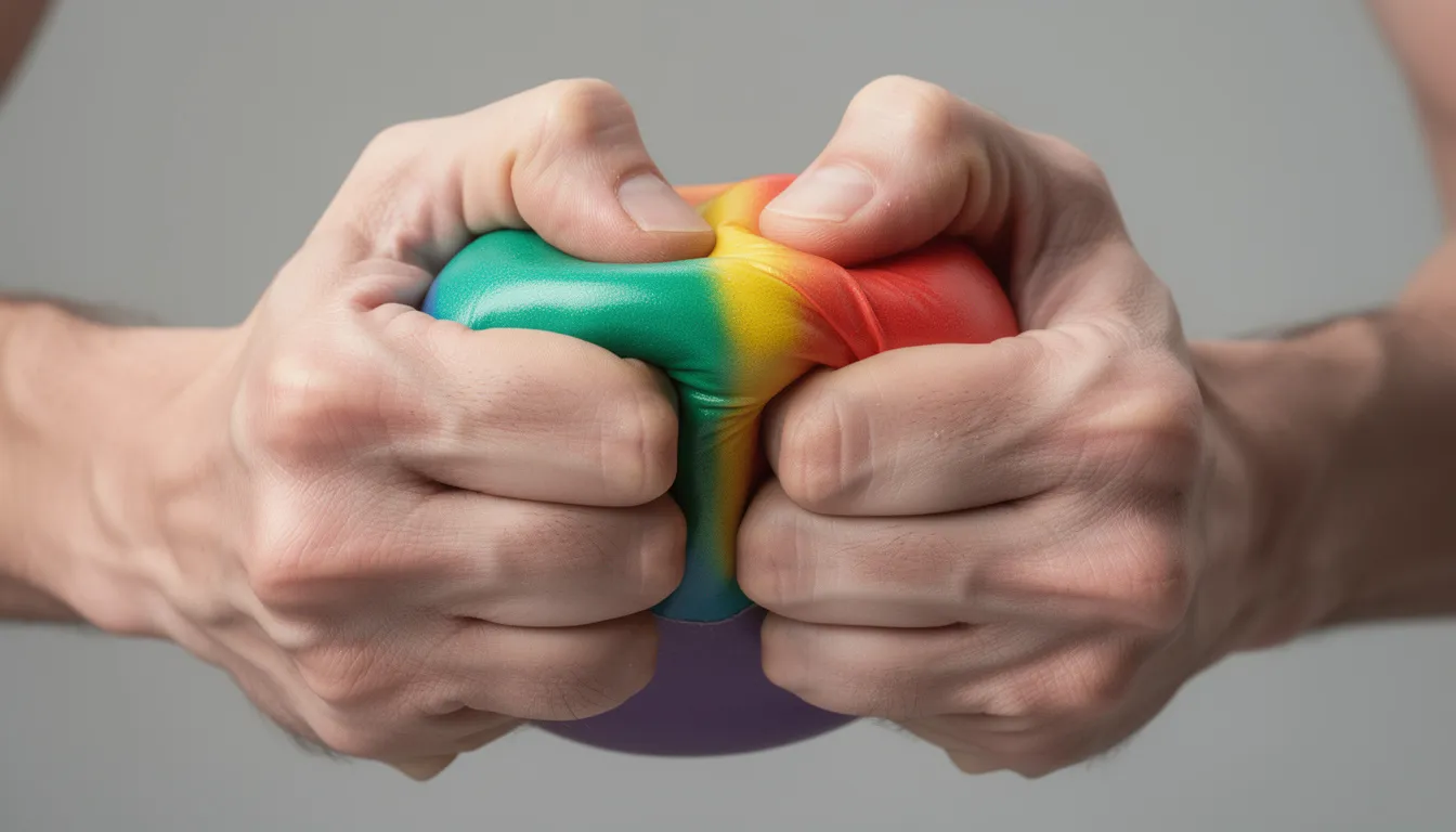 Na obrazie widać dłonie ściskające kolorową piłeczkę antystresową, co symbolizuje radzenie sobie ze stresem i poprawę samopoczucia. Tego typu zabawki antystresowe są dostępne dla dorosłych i dzieci, pomagając w chwilach napięcia i zwiększając komfort psychiczny.