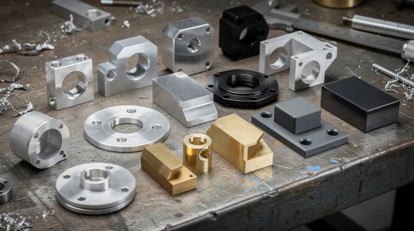 The image displays an assortment of CNC machined metal parts made from various materials, showcasing different surface finishes, all meticulously arranged on a workbench. This collection highlights the precision CNC machining capabilities, ideal for applications in consumer electronics and industrial equipment.