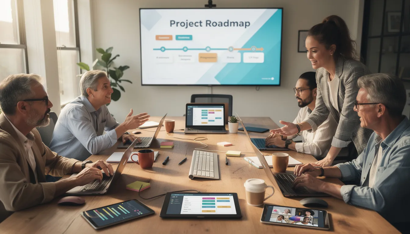 A diverse team collaborates around a table, equipped with laptops and various digital tools, focusing on project management and leveraging AI productivity tools to enhance their workflow. The atmosphere is dynamic, with members discussing task assignments and utilizing AI features to automate repetitive tasks and improve efficiency.