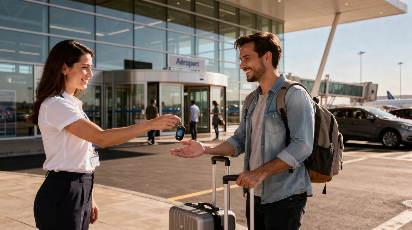 Addetto che consegna le chiavi dell'auto a un viaggiatore davanti al terminal.