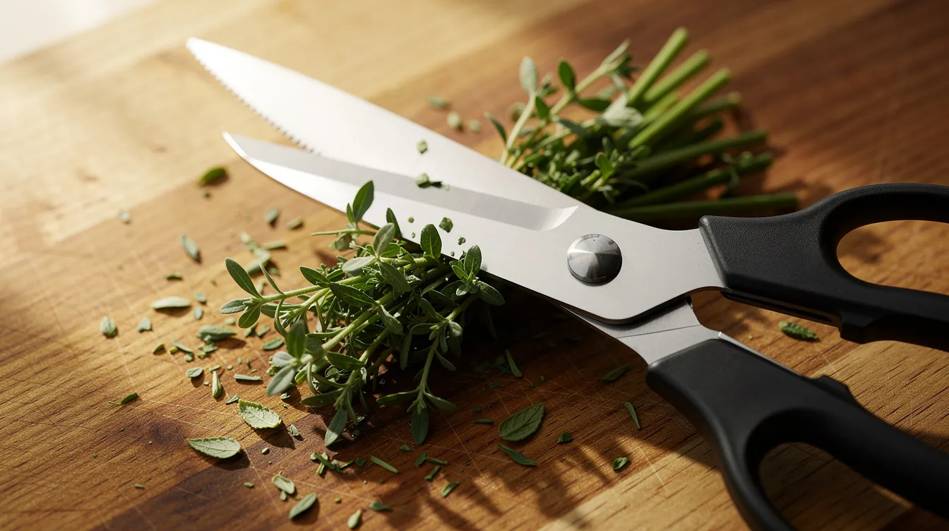A pair of professional kitchen shears with sharp stainless steel blades is cutting through fresh herbs on a wooden cutting board, showcasing their ability to handle various kitchen tasks with ease. The ergonomic handles provide comfort while snipping tender herbs into bite-sized pieces.