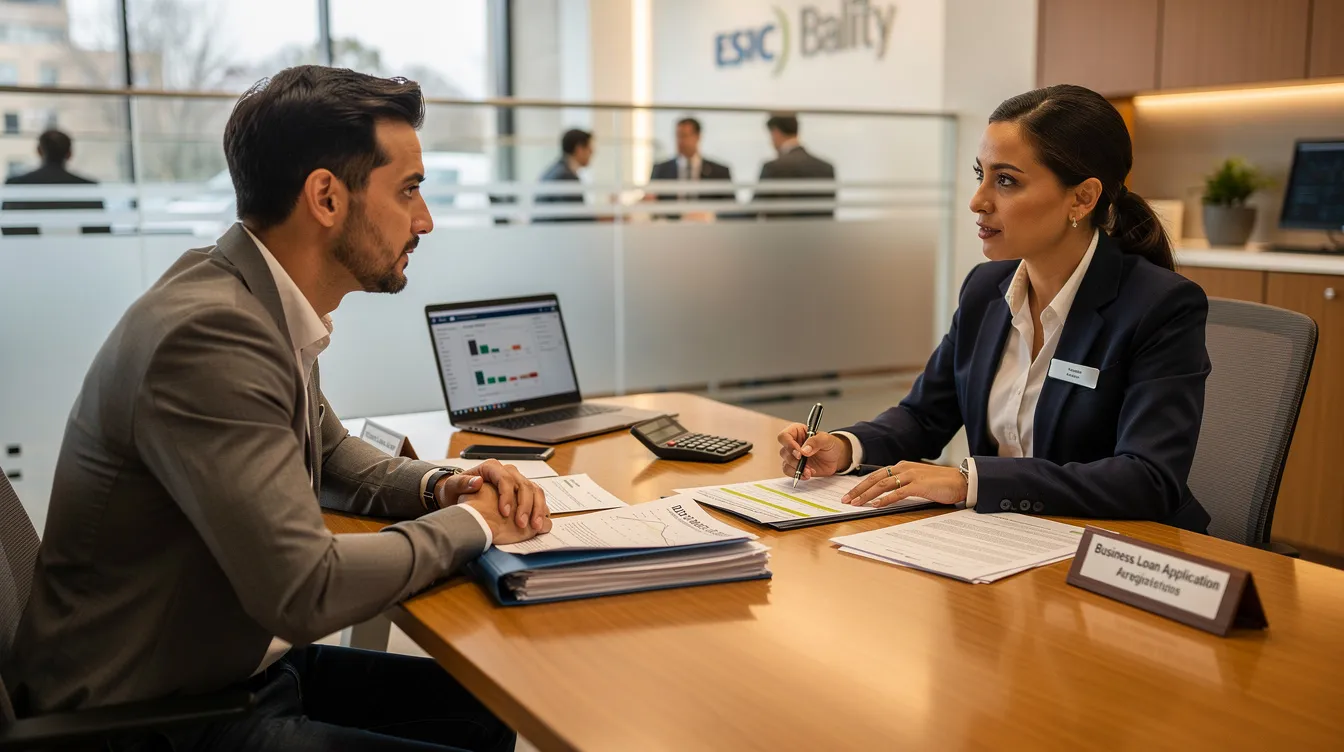 A small business owner is seated across from a bank officer at a branch desk, engaged in a discussion about paperwork related to their business loans. The conversation likely involves details about their satisfactory credit track record and the potential for financial assistance through the Mudra scheme to support their micro enterprise.