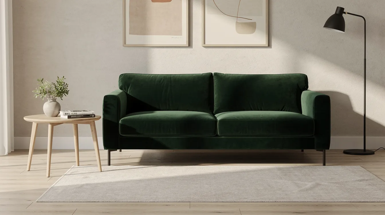 Een stijlvolle woonkamer met een diep groene velvet bank die luxe en zachtheid uitstraalt, naast een houten bijzettafel die een warme, natuurlijke uitstraling toevoegt aan het interieur. De combinatie van de fluweelachtige stof en het hout creëert een elegante sfeer in de ruimte.