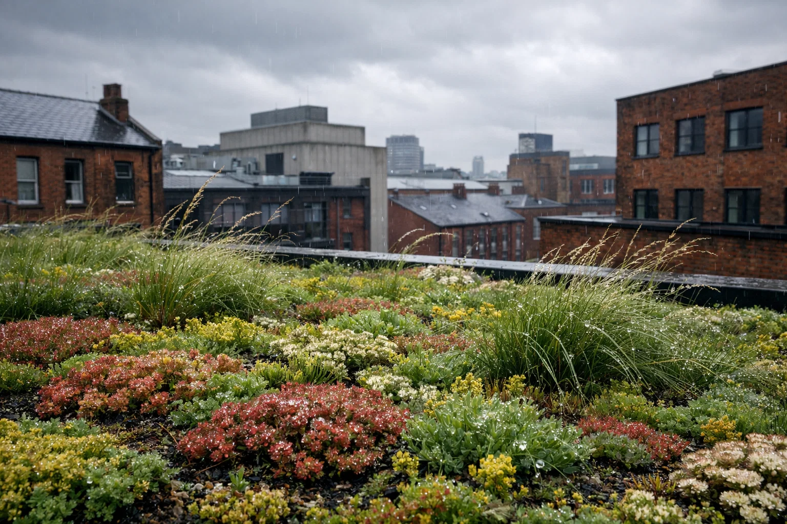 Green roof in Manchester performing well in wet and windy conditions with healthy vegetation and effective drainage.
