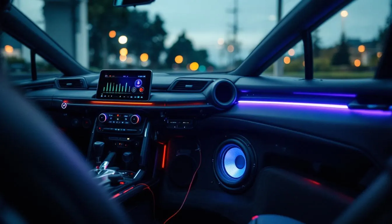 The image depicts a car interior featuring a complete upgraded audio system installation, showcasing high-quality sound technology with sleek car speakers designed for crystal clear sound and deep bass. The setup promises an enhanced listening experience for music and podcasts during your ride.