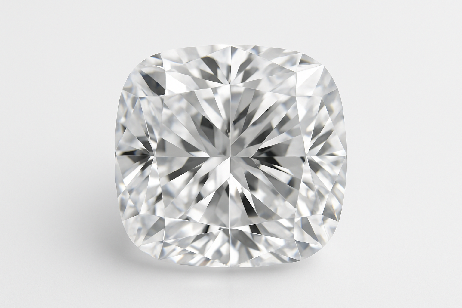 tobulos kokybės pagalvėlės formos (Cushion cut) deimantą ant balto fono, pabrėžiant jo spindesį ir briaunų detales.