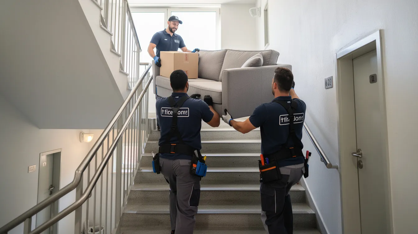 The image shows a professional moving crew efficiently carrying furniture down the stairs of an apartment, demonstrating their expertise in the cleanout process for rental properties. Their teamwork highlights a smooth and stress-free service, ideal for property managers and landlords dealing with eviction cleanouts or preparing for new tenants.