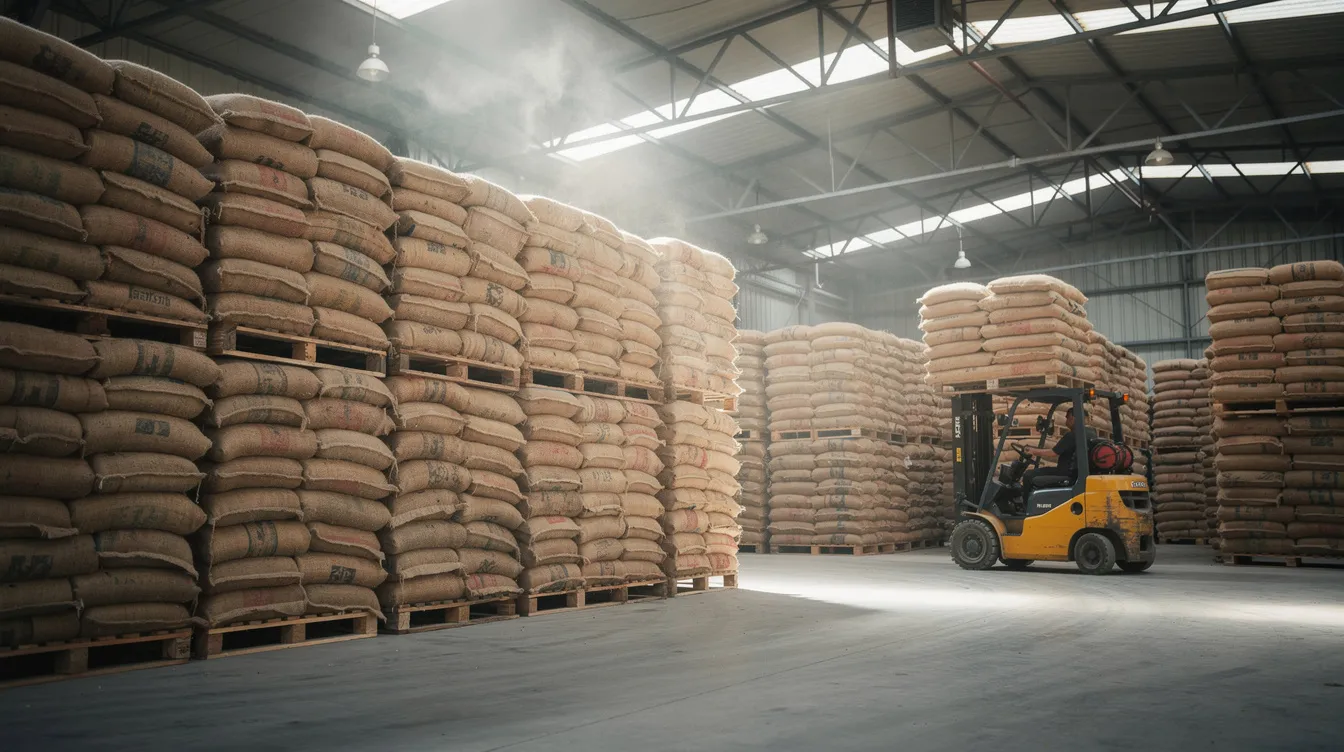 The image depicts a large industrial warehouse filled with stacked jute bags of raw pulses, showcasing the pulses processing plant's production capacity. In the background, a forklift is operating, emphasizing the efficient cleaning and handling of various food grains and plant-based proteins.