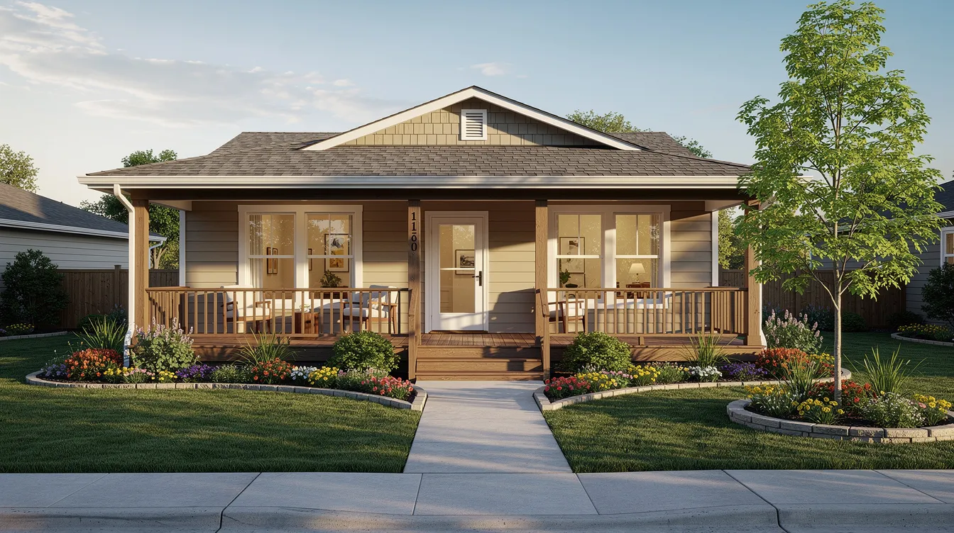 The image depicts a cozy single story ranch house featuring a welcoming front porch and a beautifully landscaped yard, perfect for young families seeking outdoor spaces. The design showcases a low pitched roof and large windows that invite natural light, creating a warm and inviting atmosphere.