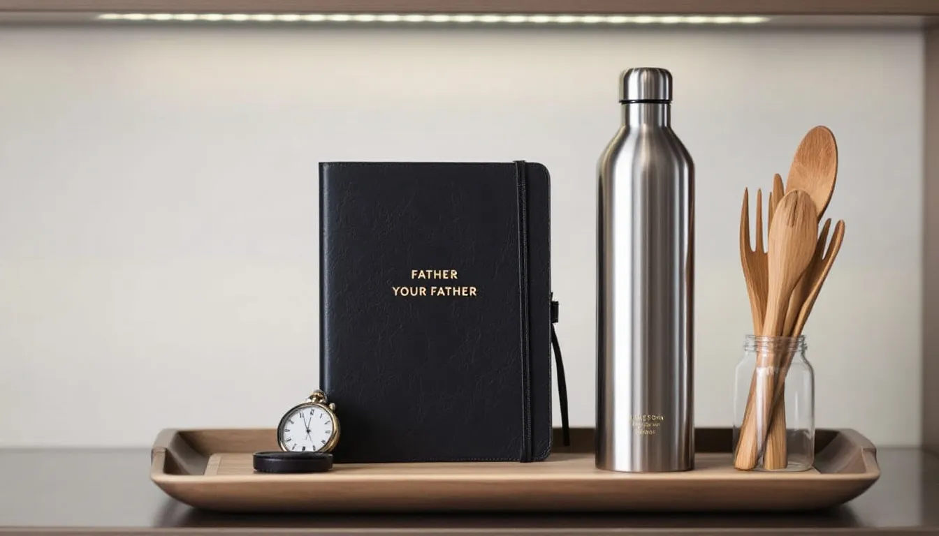 An elegant display of luxurious yet practical gifts for dads, featuring high-quality items like a sophisticated watch, a portable charger, and unique accessories, perfect for surprising and delighting him on Father's Day. These thoughtful gift ideas are designed to enhance his life and cater to his interests.