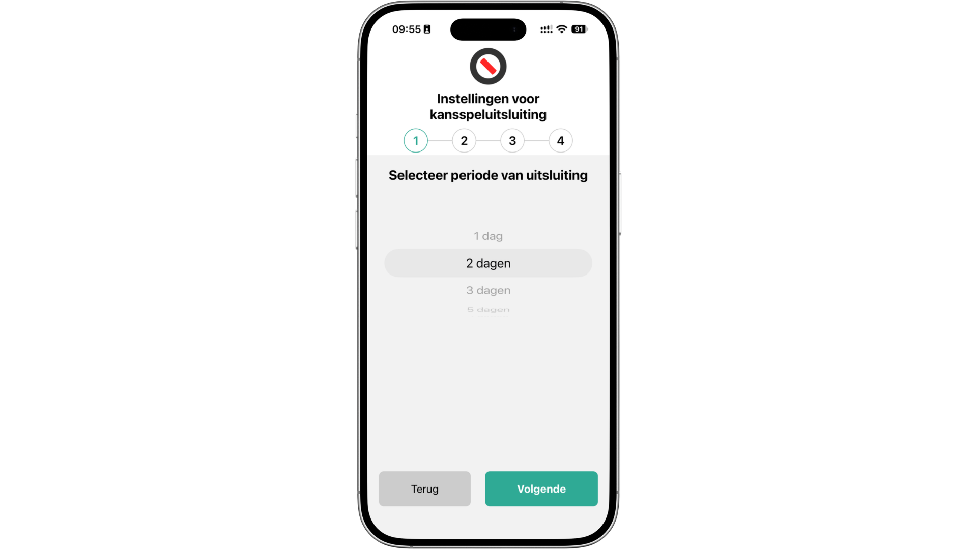 BetBlocker op smartphone met instelling voor de duur van een gokuitsluiting.