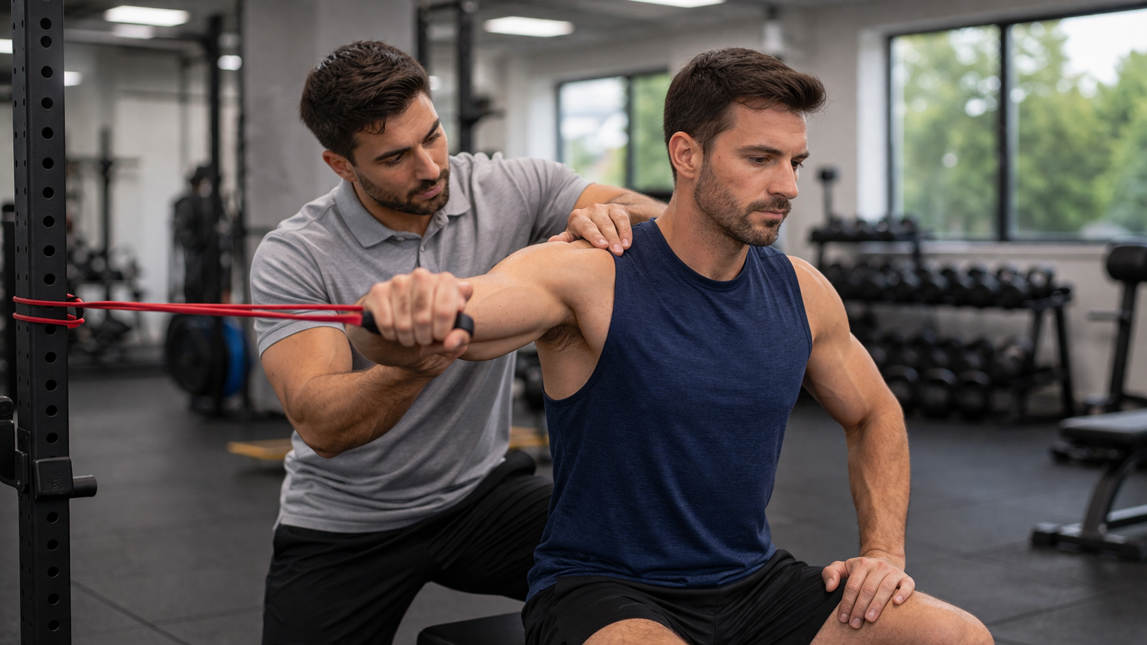 Physical therapist guiding a man through a resistance band shoulder exercise for rehabilitation