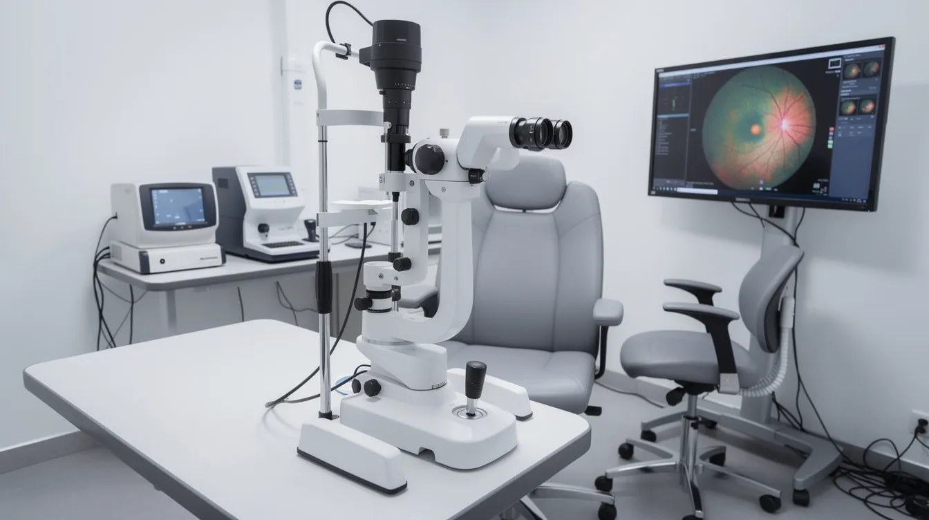 172ae1bc 83a5 4fad 8e2e 1a331aba8c09 The image depicts a clinical setting featuring modern ophthalmology diagnostic equipment and a slit lamp, essential for eye health assessments and procedures like cataract surgery and LASIK. This advanced technology plays a crucial role in ensuring accurate diagnoses and effective treatment options for patients seeking clearer vision.