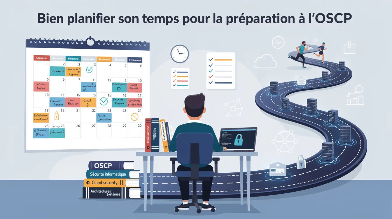 L'image illustre un calendrier avec des notes et des ressources pour la préparation à la certification OSCP, mettant en avant l'importance d'une planification méthodique et d'un entraînement approfondi en cybersécurité, notamment en tests d'intrusion et en utilisation de Kali Linux. Des éléments comme des livres et des ordinateurs sont présents, symbolisant les outils nécessaires pour réussir l'examen OSCP.