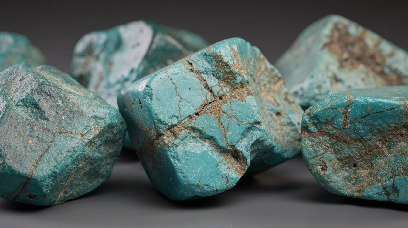 The image features raw turquoise stones, showcasing a vibrant blue-green color interspersed with natural brown matrix veining. These semi-precious gemstones are often associated with the zodiac sign Sagittarius, known for its optimistic nature and adventurous spirit.