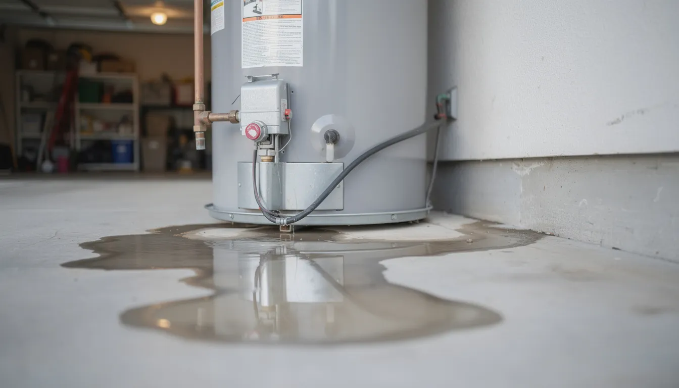 Water is pooling on the garage floor around the base of a residential water heater, indicating a potential plumbing emergency that may require immediate attention from expert plumbers for water heater repair or replacement. This visible leak could be a sign of a malfunctioning water heater, such as issues with the pressure relief valve or sediment buildup.