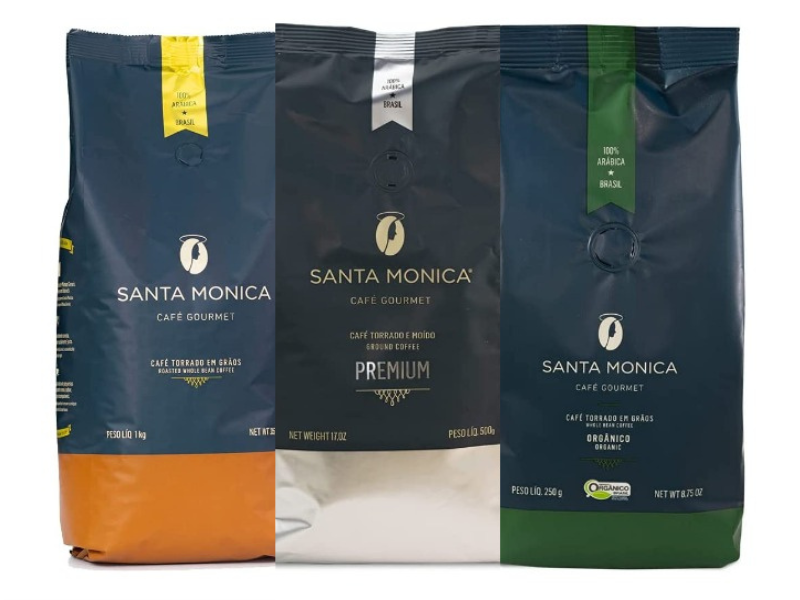 Embalagens de café Santa Mônica em grãos, moído e orgânico. Imagens: www.amazon.com.br.