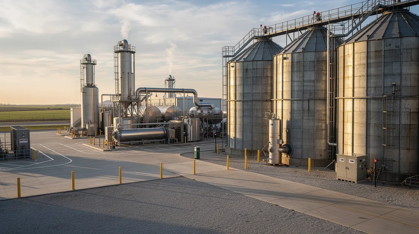 1730dd60 1cd5 4404 8313 c1dc65cc9744 The image depicts an industrial ethanol production facility featuring large grain storage silos and various processing equipment essential for ethanol manufacturing. This setup illustrates the operational efficiency and plant capacity crucial for managing the operating expenses and financial projections of an ethanol production plant.