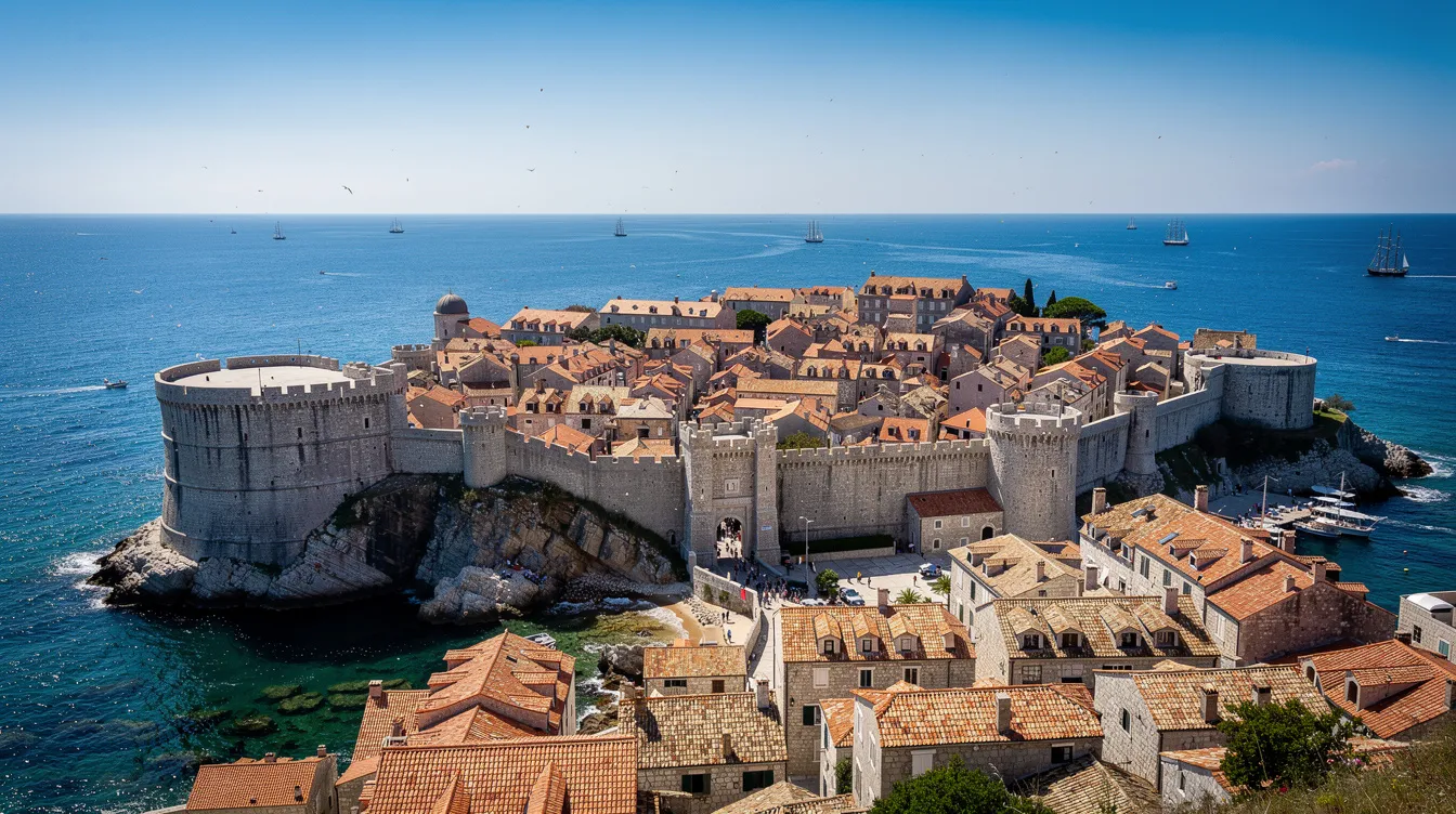 A imagem retrata uma cidade costeira medieval murada, com telhados de terracota que se destacam contra o céu azul claro, enquanto o mar reflete a beleza do local. Essa cidade, rica em história e cultura, evoca a atmosfera de destinos icônicos como Viena, com suas ruas charmosas e monumentos históricos.
