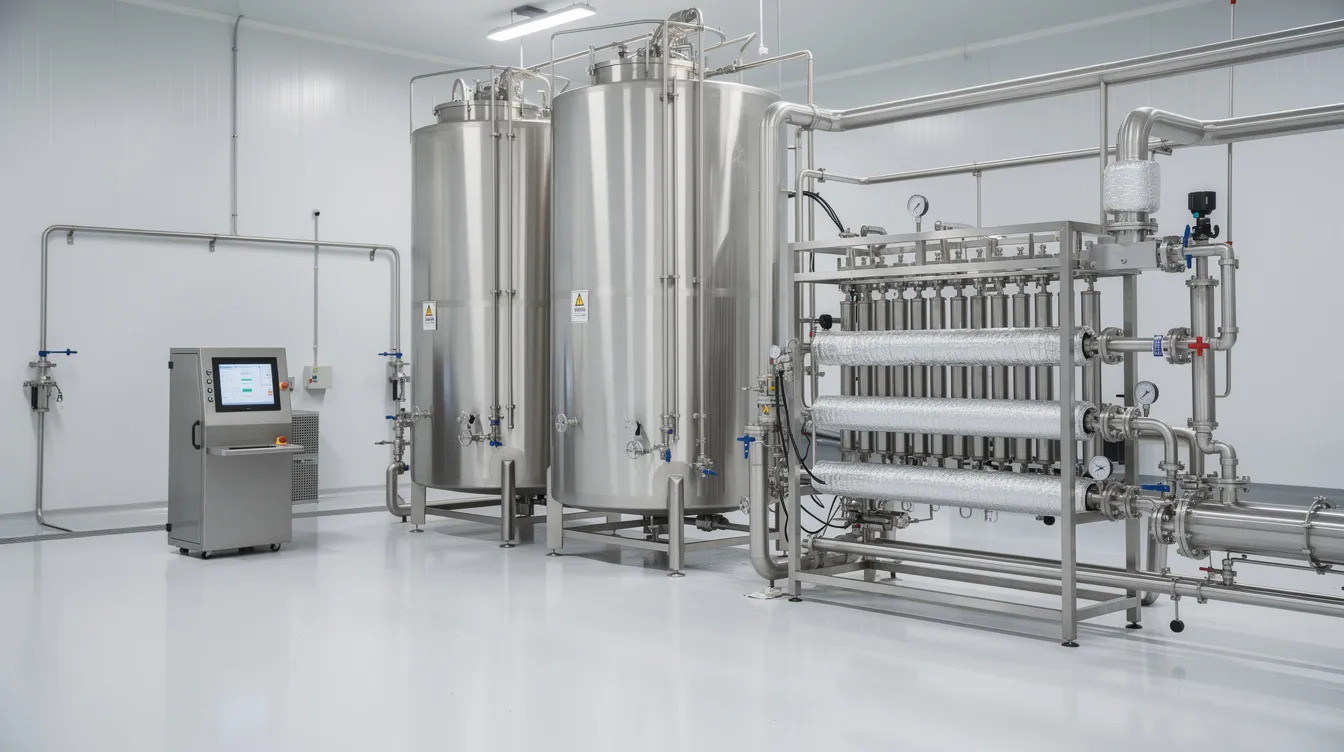 1734f263 0618 470c 80dc 1751a2914ec6 The image depicts the interior of a modern dairy processing facility, showcasing large stainless steel tanks, intricate piping, and advanced pasteurization equipment, all essential for efficient milk processing. This infrastructure supports dairy entrepreneurs in optimizing milk production and enhancing cash flow through effective management of assets created within the facility.