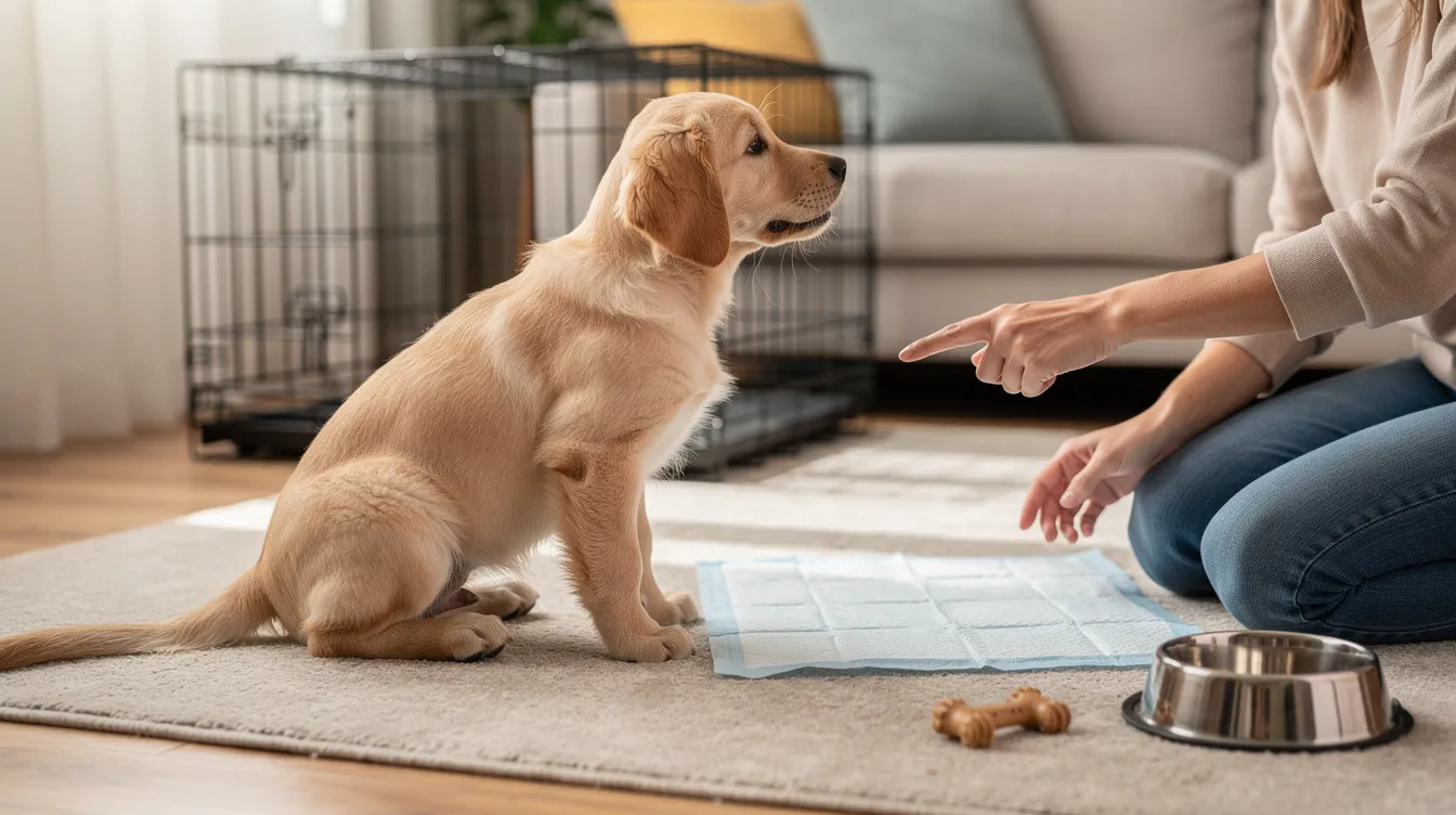 The image depicts a detailed puppy potty training schedule, featuring a chart with various time slots for potty breaks, crate training, and positive reinforcement techniques. It illustrates the daily routine for young puppies, emphasizing consistency and designated potty spots to ensure successful potty training.