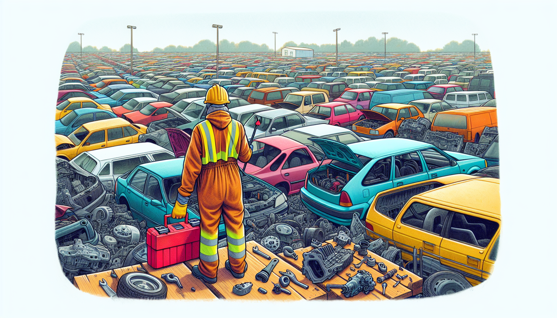 Illustration of a customer locating and extracting car parts from a vehicle