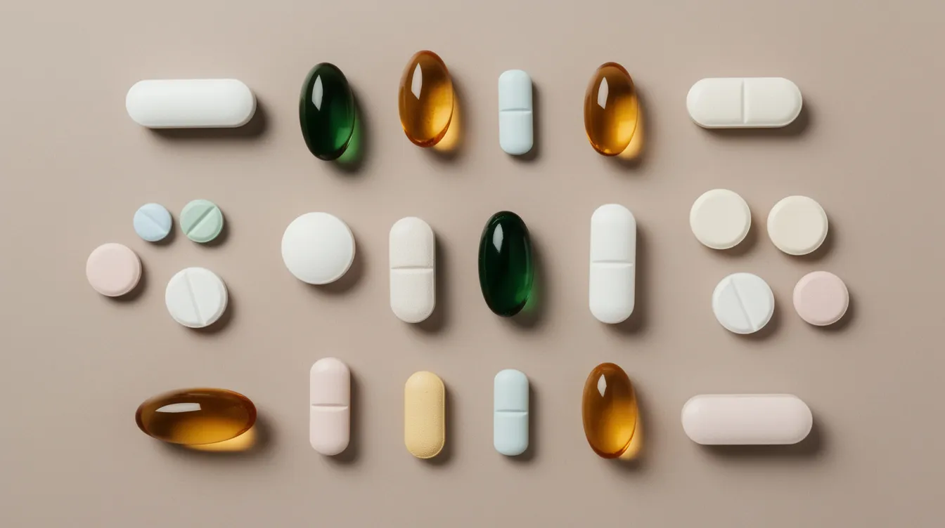 An assortment of dietary supplement capsules and pills is neatly arranged on a neutral surface, showcasing a variety of colors and sizes. These supplements, which may include compounds such as methylene blue, are often researched for their potential health benefits, including improved mitochondrial function and cognitive benefits.