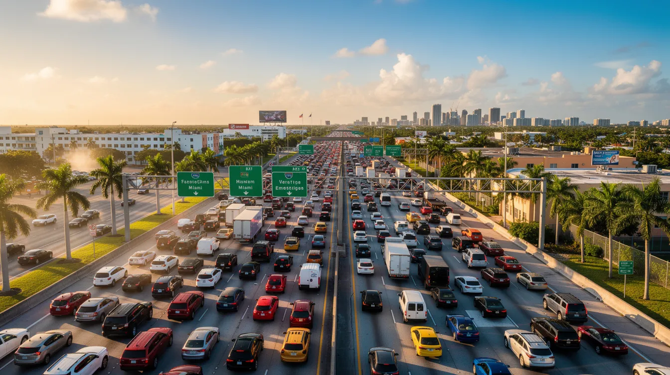 The image depicts a congested Miami highway filled with multiple lanes of slow-moving traffic, highlighting the challenges of navigating motor vehicle accidents in the area. This scene underscores the importance of having experienced Miami truck accident attorneys to assist truck accident victims in their claims for fair compensation.