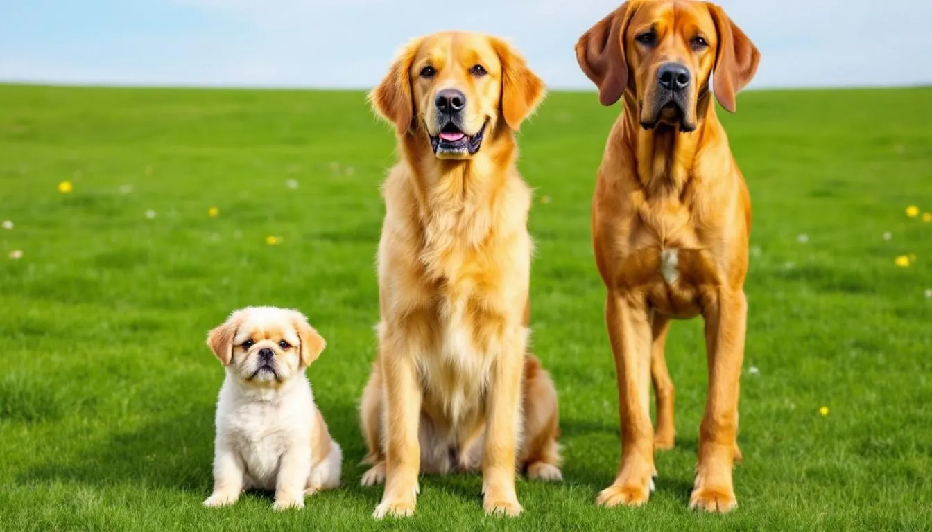 A side-by-side comparison of dogs of different sizes and ages, showcasing a puppy, an adult dog, and a senior dog from various dog breeds, illustrating the aging process and how dog years translate to human years. The image highlights the diverse life stages of dogs, from playful puppies to mature adults and senior dogs, emphasizing their varying sizes and the concept of a dog