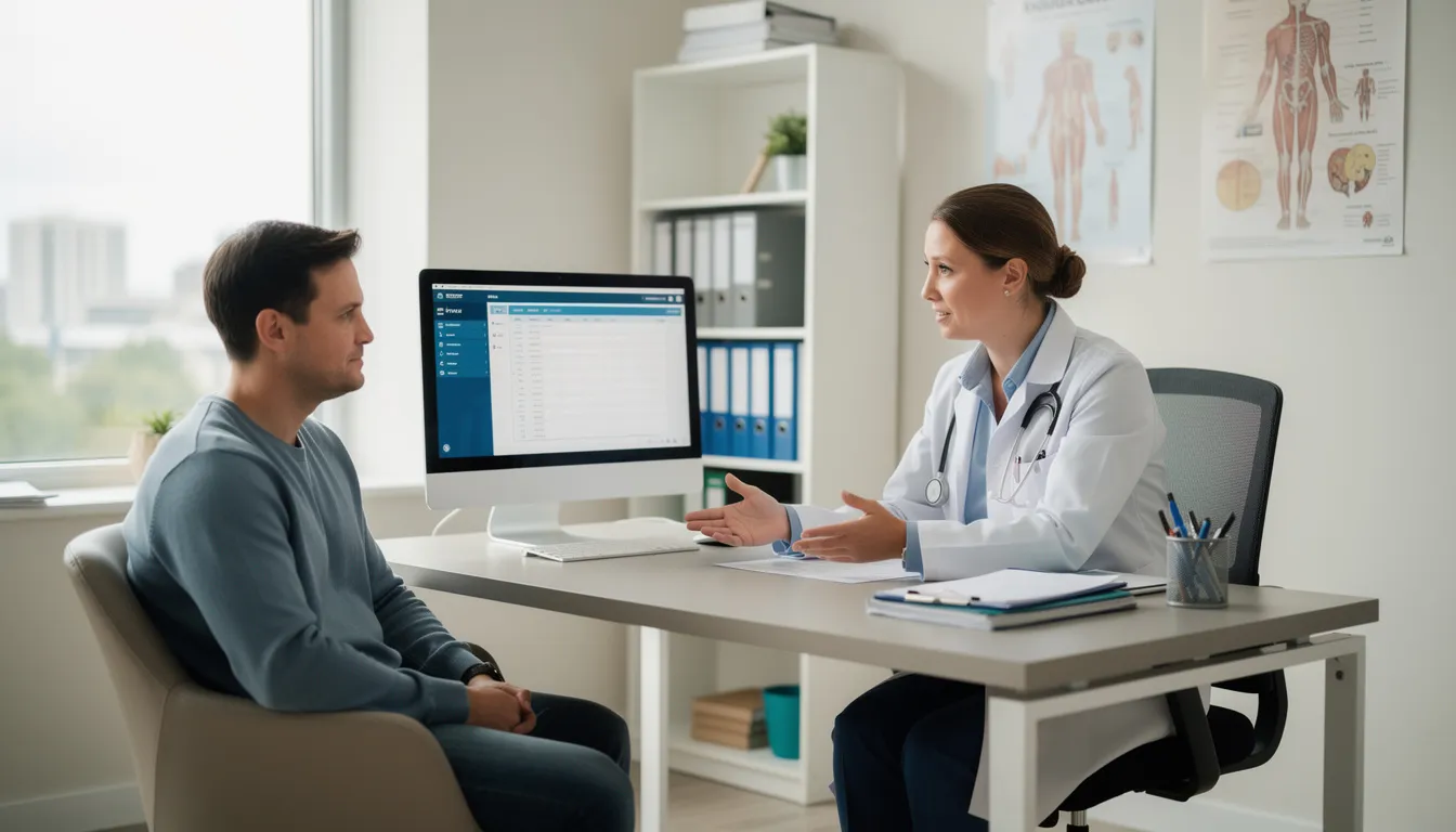 An individual is seated at a consultation table in a modern medical office, engaging in a discussion with a healthcare provider about the benefits of NMN supplementation for cellular health and energy production. The setting is bright and professional, emphasizing the importance of informed choices regarding dietary supplements for healthy aging.