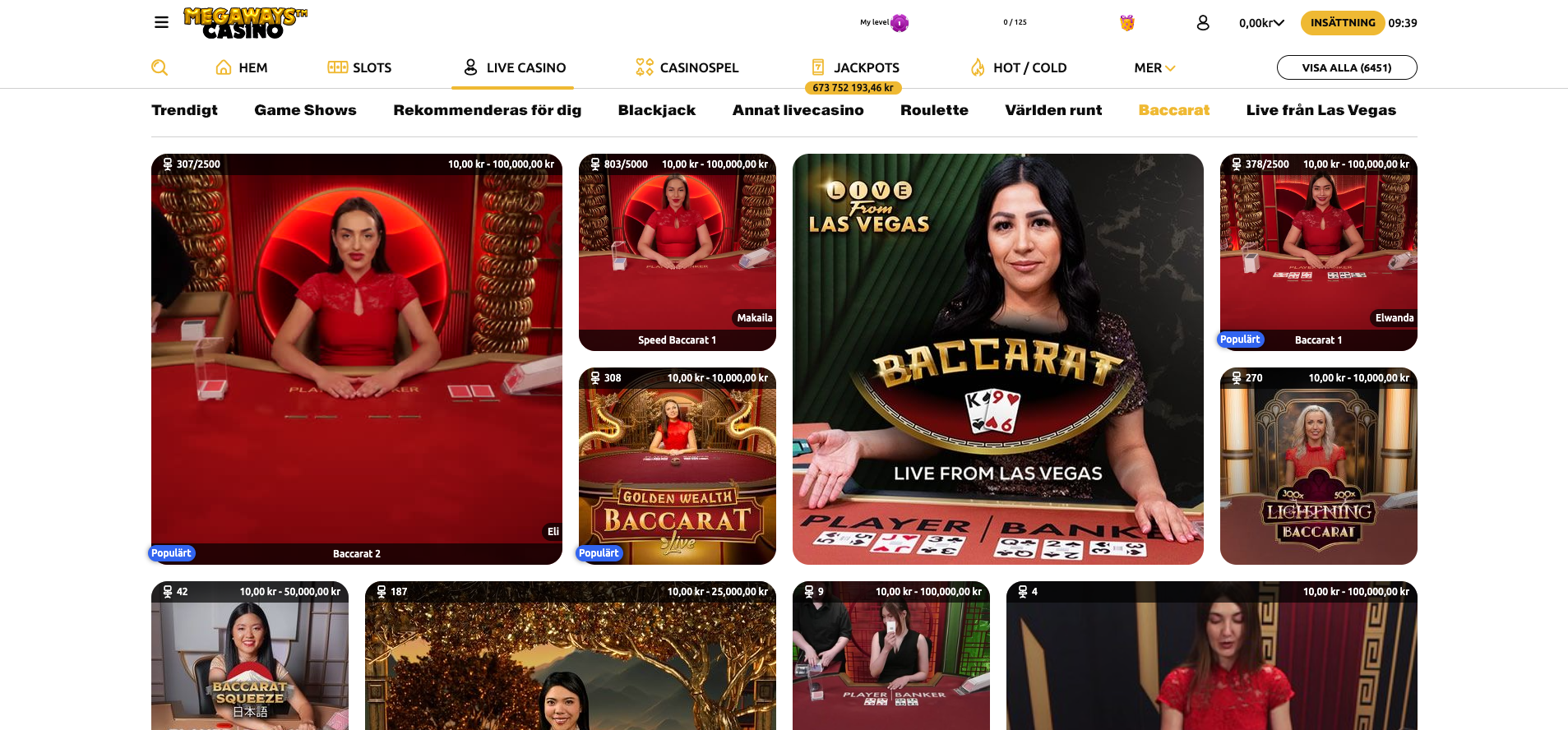 Live baccarat hos Megaways Casino med olika baccaratbord och livespel från internationella studios.
