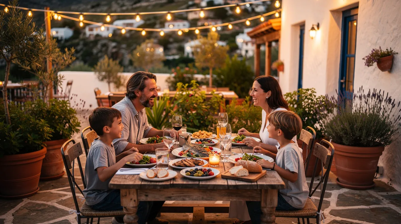 A family with two kids is enjoying a meal outdoors at a Mediterranean restaurant, surrounded by warm string lights that create a cozy atmosphere. This scene reflects the family-friendly lifestyle that many expat families experience while moving to Cyprus, where outdoor dining is a common part of daily life.