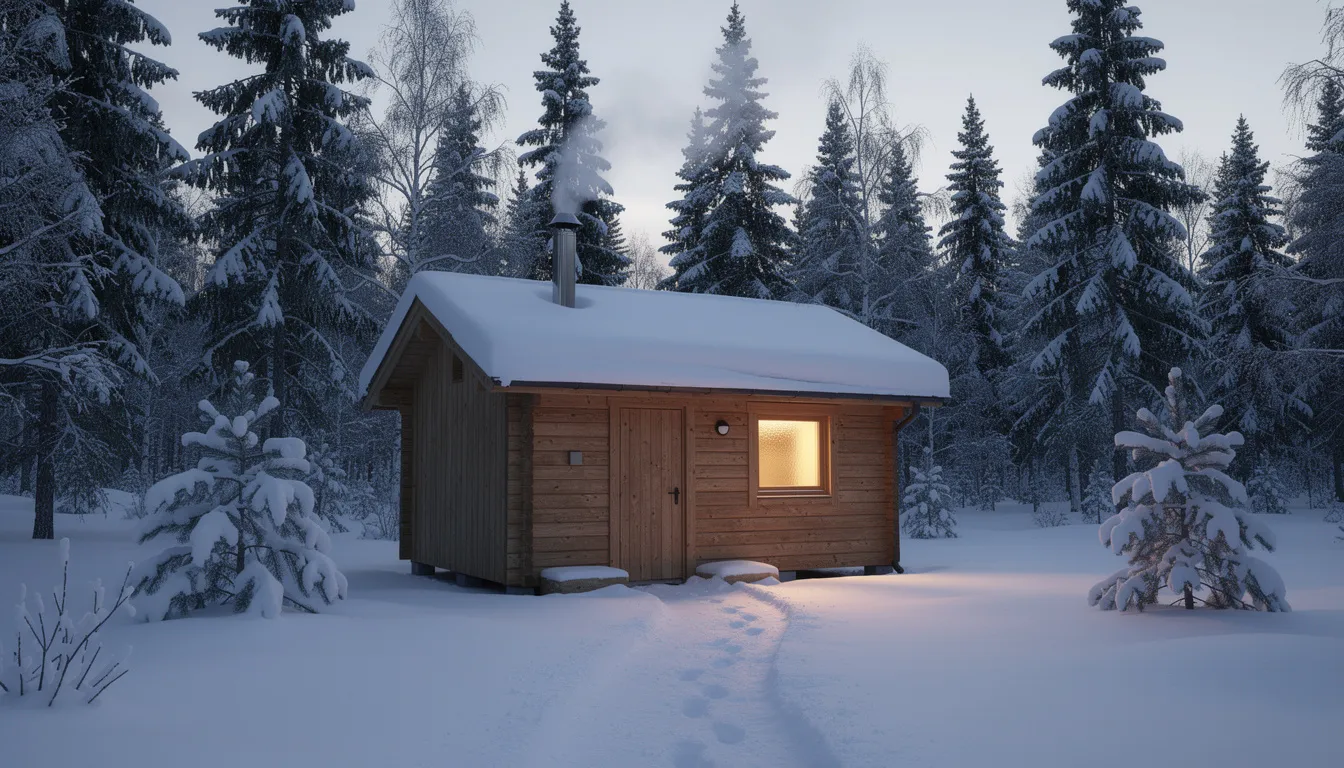 A cozy, snow-covered wooden sauna cabin sits nestled in a winter forest, surrounded by tall trees blanketed in white. The traditional design evokes warmth and comfort, inviting visitors to enjoy a relaxing sauna experience amidst the serene, natural setting.