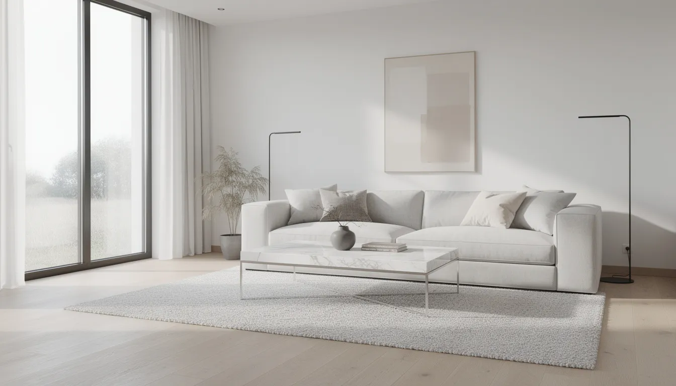 En modern vardagsrumsinredning med en djup soffa i neutralt tyg och ett elegant marmorbord. Rummet är stilfullt inrett med fokus på komfort och design, vilket skapar en inbjudande atmosfär.
