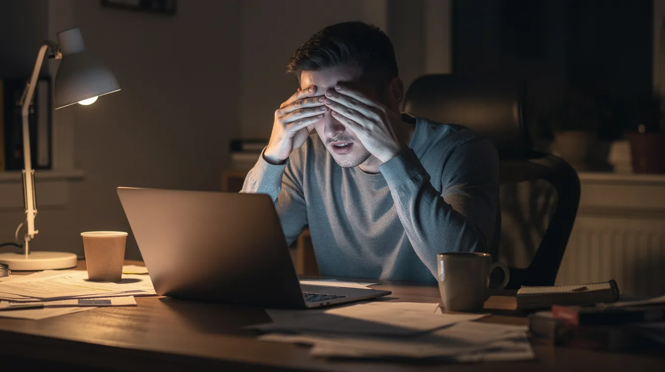 A person is sitting at a desk in a dimly lit room, rubbing their tired eyes, which show signs of dark circles and puffiness. The glow from the laptop screen suggests they have been working for hours, likely leading to eye strain and a sensation of dryness in the eye area.