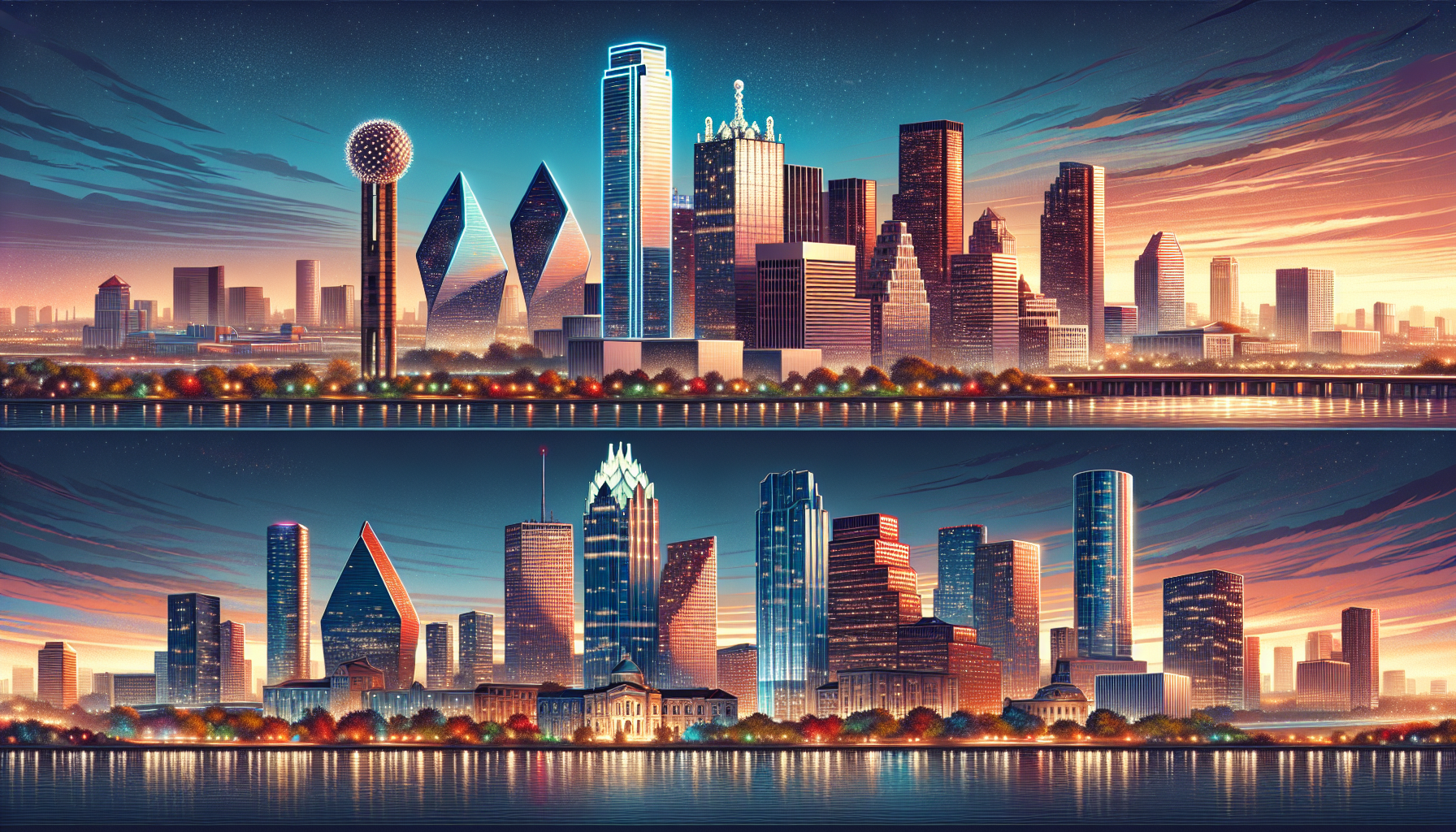 Dallas, Houston, and Austin city skyline at dusk