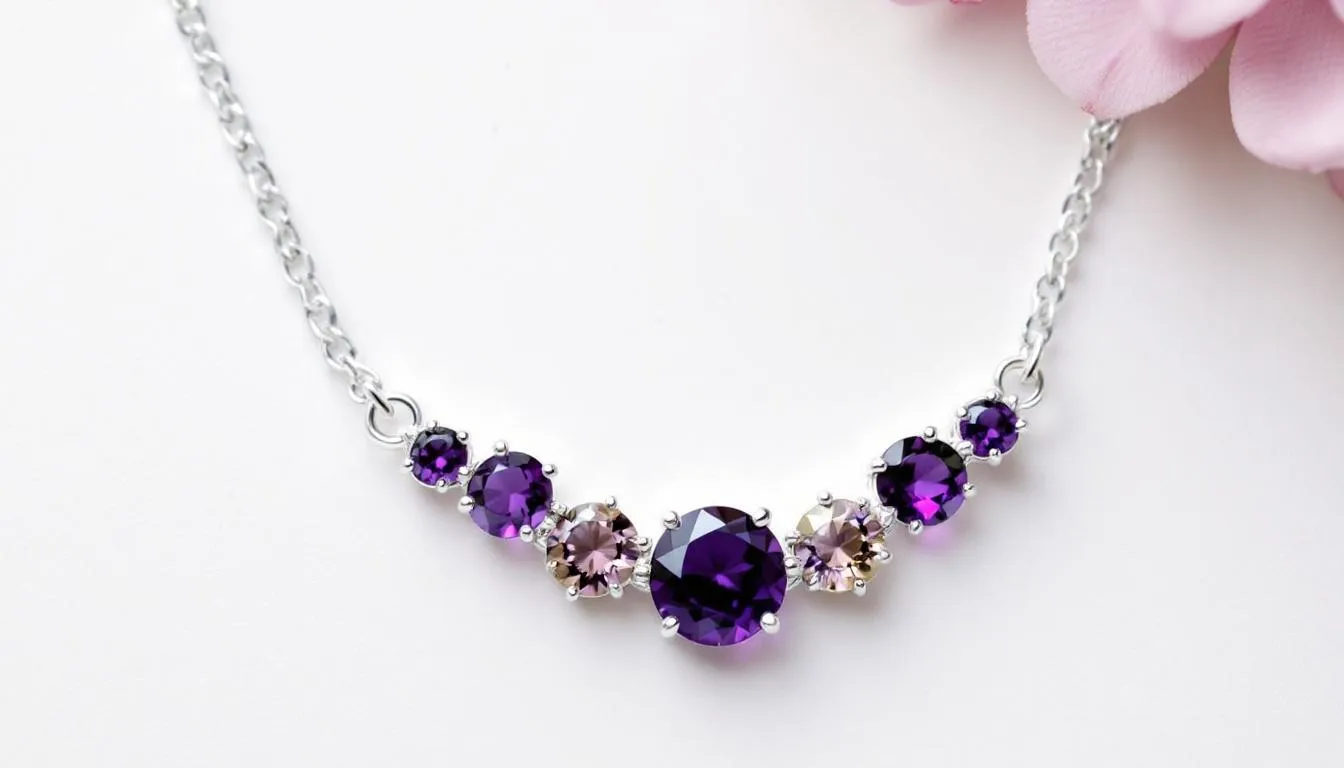 The image depicts a stunning piece of family birthstone jewellery featuring vibrant amethyst gemstones, symbolizing February birthdays. This elegant necklace or ring showcases the rich purple hue of amethyst alongside other family birthstones, representing the unique bond and cherished connections among loved ones.