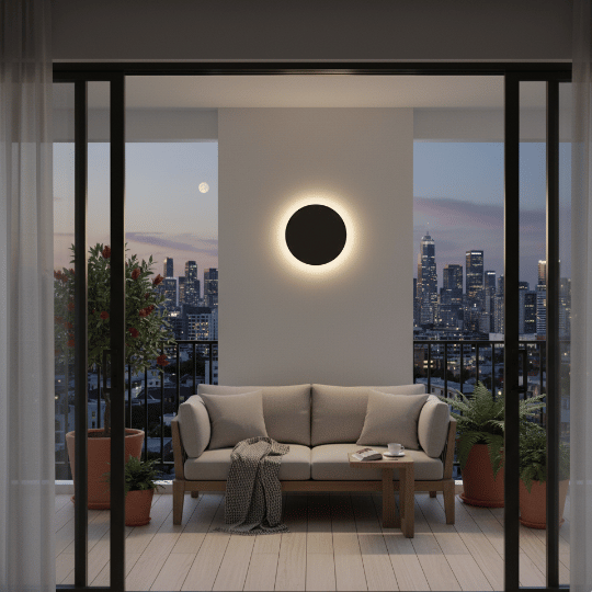 Contemporary balcony lighting ideas showcasing a halo-style wall light fixture for ambient outdoor illumination.