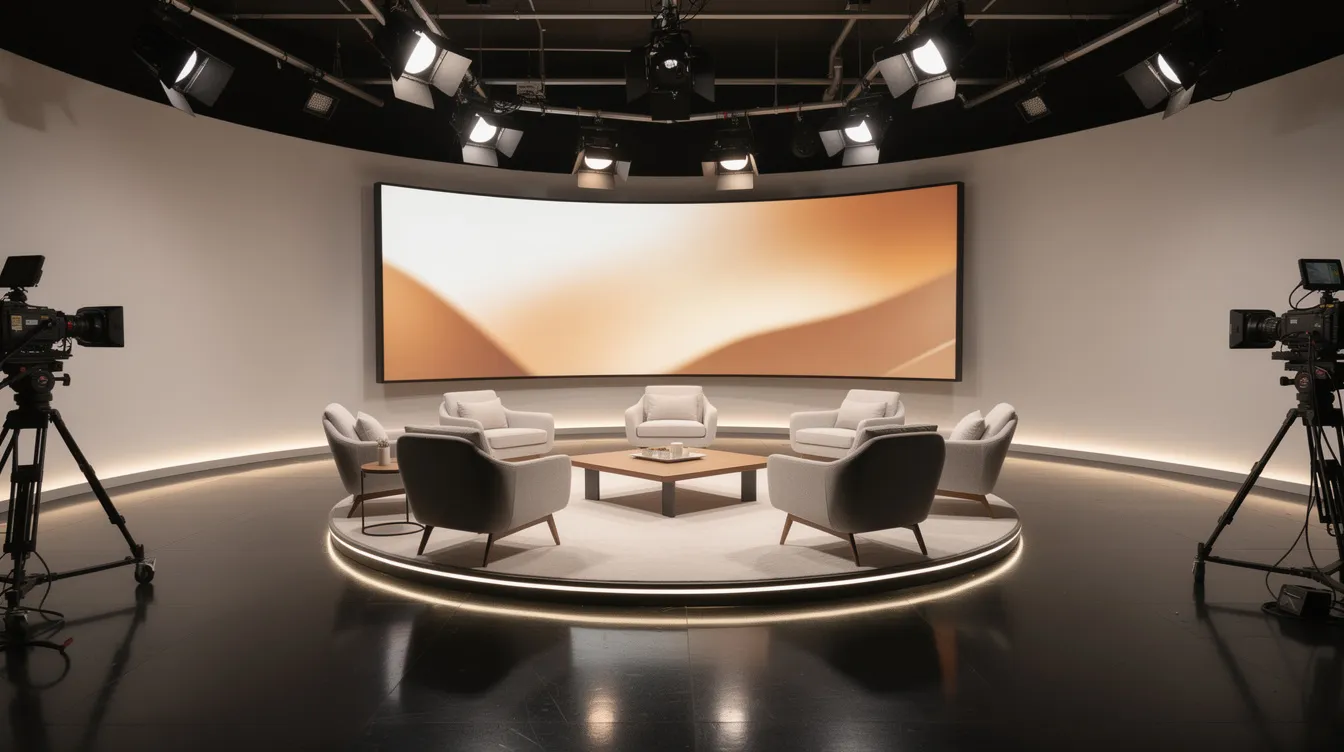 Een modern televisiestudio met comfortabele stoelen en warme verlichting, waar creativiteit en zakelijke inzichten samenkomen in de Vlaamse entertainmentindustrie. Deze omgeving biedt een uitnodigende sfeer voor het creëren van impactvolle producties en het versterken van de bekendheid van belangrijke namen zoals Gert Verhulst.