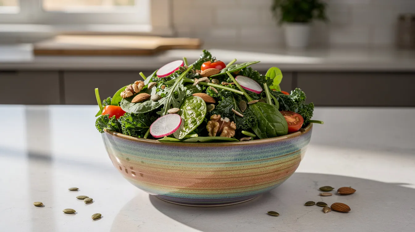 A vibrant bowl filled with a mix of leafy greens, nuts, and seeds sits on a kitchen counter, showcasing a healthy diet rich in magnesium. This colorful arrangement highlights the importance of magnesium-rich foods for improving sleep quality and overall health.