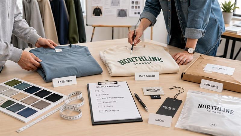 Clothing sample review checking fit, print quality, fabric, labels, embroidery, and packaging before production