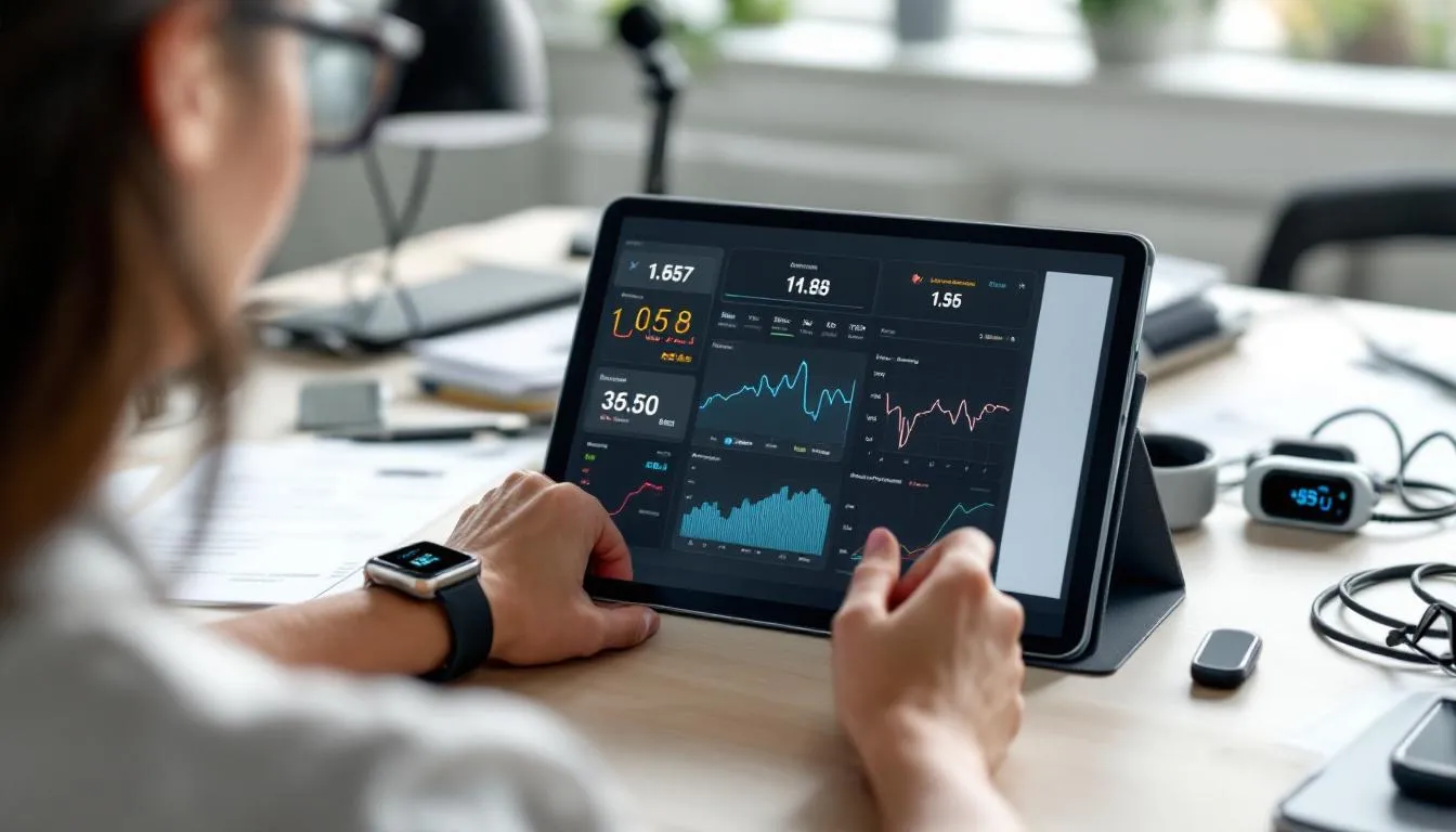 A person is intently reviewing health data on a tablet, surrounded by various biometric devices that monitor different aspects of their health. This scene highlights the importance of emotional health and lifestyle choices in achieving a longer and healthier life, as well as the practical tips shared in Peter Attia's book on managing chronic diseases.