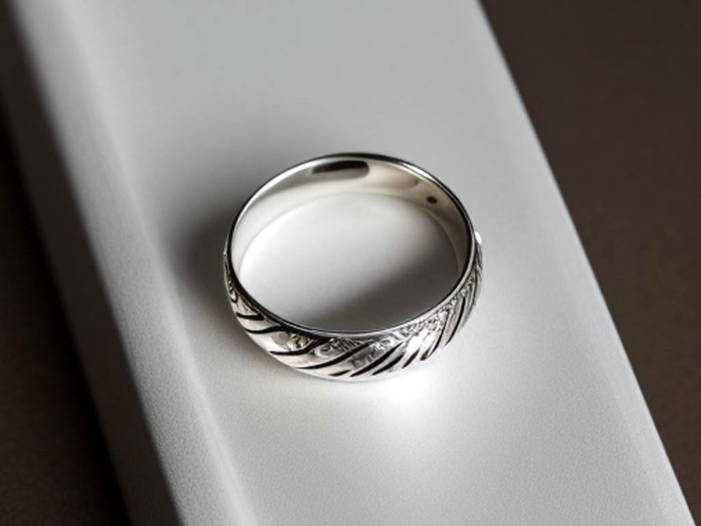 A close-up of a lightweight sterling silver ring laid on a white surface.